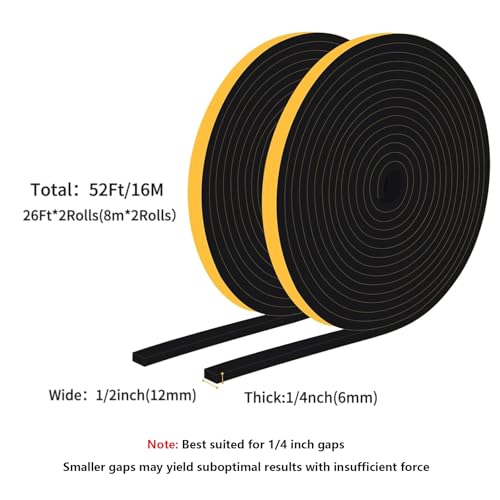 Weather Stripping Door Seal Strip, Strong Adhesive Doors and Windows Insulation Soundproof Weatherproof Foam Tape for Sliding Door, Front Door Frame, Window, Lightproof(1/2 In x 1/4 In x 52Ft) - size: 1/2 In x 1/4 In x 52Ft