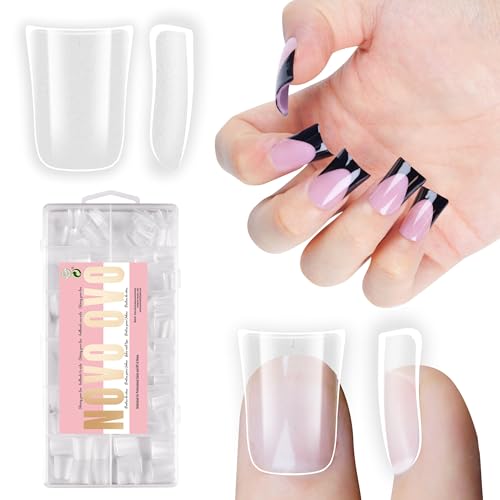 NOVO OVO Upgraded Extra Thick Short Duck Feet Nail Tips Full Cover for Press on Acrylic, Clear Pre-Etched Matter Flare Wide French Soft Gel Fake False Nail Extension Full Coverage x 12 Sizes 360 pcs - color: Short Duck Extra Thick