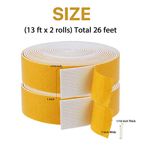 Foam Weather Stripping-2 Rolls, 1 Inch Wide X 1/16 Inch Thick Total 26 Feet Long, Foam Strip with Adhesive for Doors and Windows Insulation(13 ft x 2 Rolls) - size: 1" (W) x 1/16" (T) x 26' (L)