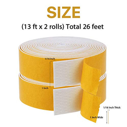 Foam Weather Stripping-2 Rolls, 1 Inch Wide X 1/16 Inch Thick Total 26 Feet Long, Foam Strip with Adhesive for Doors and Windows Insulation(13 ft x 2 Rolls) - size: 1" (W) x 1/16" (T) x 26' (L)