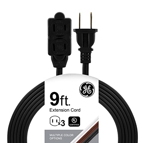 GE 9 Ft Extension Cord, 3 Outlet Power Strip, 2 Prong, 16 Gauge, Twist-to-Close Safety Outlet Covers, Indoor Rated, Perfect for Home, Office or Kitchen, UL Listed, Black, 45149 - color: Black, size: 9 Ft
