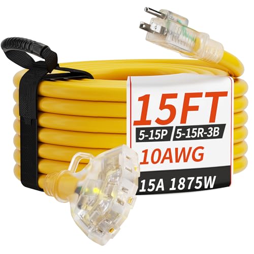 PlugSaf 15 FT 10 Gauge Outdoor Extension Cord with Multiple Outlets Light Indicator, Flexible 3 Outlet Weatherproof Heavy Duty Extension Cord Waterproof Yellow, 15A 1875W 10AWG SJTW, ETL Listed - size: 15FT