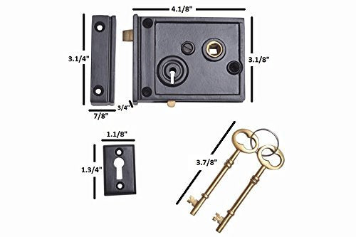 A29 Cast Iron Rim Lock Heavy Duty, Weather and Rust Resistant, Manual Latch for French & Screen Doors, Easy Install Hardware Included - Black Powder Coat Finish, 4.1" x 3.1" x 1.4" Backset - style: Horizontal Rim Lock