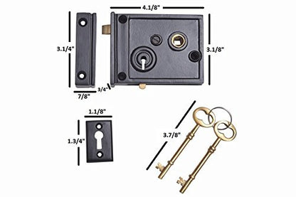 A29 Cast Iron Rim Lock Heavy Duty, Weather and Rust Resistant, Manual Latch for French & Screen Doors, Easy Install Hardware Included - Black Powder Coat Finish, 4.1" x 3.1" x 1.4" Backset - style: Horizontal Rim Lock