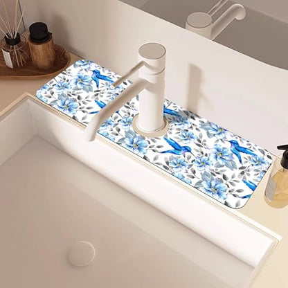 Blue Floral and Hummingbird Dish Drying Mat for Kitchen Sink Splash Guard Behind Faucet Sink Mat Absorbent Fast Drying Faucet Draining Mat for Bathroom Kitchen 5.5"×15" - size: 15" x 5.5"