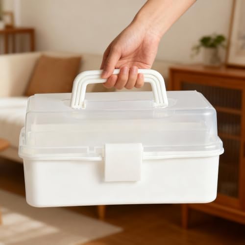 3 Layers White Craft Art Box, Plastic Portable Tackle Box, Sewing Organizer for Crafts, Sewing Supplies, Jewelry and Tools - color: White