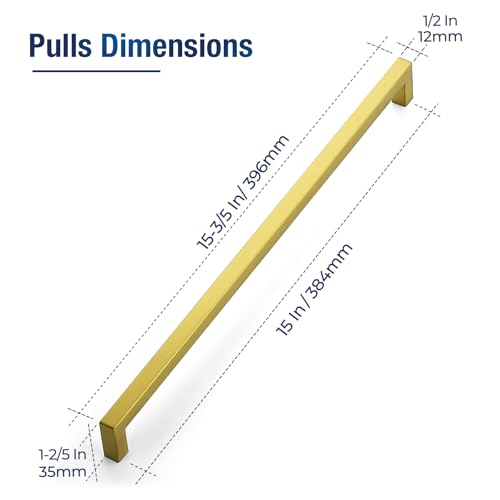 JOY DECOR 2 Pack Gold Cabinet Handles, 15 Inch Hole Center Cabinet Pulls – Square Stainless Steel Kitchen Knobs for Drawers, Dressers, Cupboards & Vanities - size: 15 Inch Hole Center