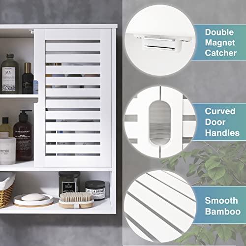 SMIBUY Bathroom Cabinet Wall Mounted, Bamboo Over-The-Toilet Storage Organizer, Space Saver Medicine Cabinet with 2 Door and Adjustable Shelves (White) - color: White