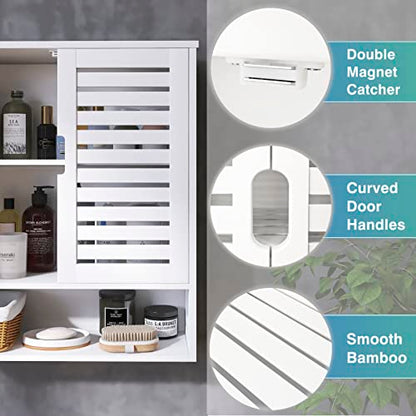 SMIBUY Bathroom Cabinet Wall Mounted, Bamboo Over-The-Toilet Storage Organizer, Space Saver Medicine Cabinet with 2 Door and Adjustable Shelves (White) - color: White