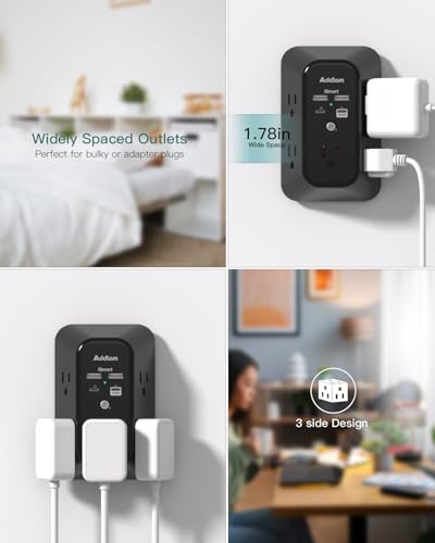 Addtam 5-Outlet Extender Surge Protector, Multi Plug Wall Outlet with 4 USB Wall Charger(PD 30W), Plug Extension Outlet 1800J, Outlet Splitter Power Strip for Home Office Dorm Room Essentials, Black - style: 2C2A PD 30W