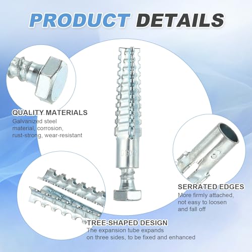 PATIKIL 30 Pcs Drywall Hollow Wall Anchors with Screws 0.31 x 2.56, Steel Dry Wall Anchors Kit for Wooden Concrete Plaster Hinge Hole Repair, Silver (10 x 60mm) - size: 10 x 60mm