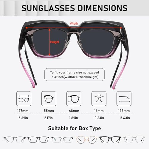 HAOLOTA Polarized Fit Over Glasses Sunglasses for Women Men Trendy Square Wrap Around Shades UV Protection - color: L Size 12 Black-purple/Grey