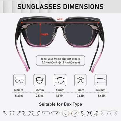 HAOLOTA Polarized Fit Over Glasses Sunglasses for Women Men Trendy Square Wrap Around Shades UV Protection - color: L Size 12 Black-purple/Grey
