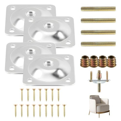 4-Piece Table Leg Mounting Plate, Heavy Duty Steel Table Leg Brackets with M8 Hanger Bolts and Screws, Furniture Hardware Attachment Plates for Sofa Couch and Chair Repair