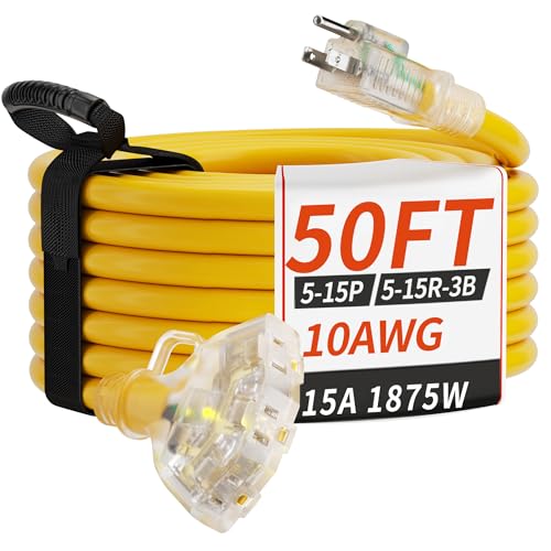 PlugSaf 50 FT 10 Gauge Outdoor Extension Cord with Multiple Outlets Light Indicator, Flexible 3 Outlet Weatherproof Heavy Duty Extension Cord Waterproof Yellow, 15A 1875W 10AWG SJTW, ETL Listed - size: 50FT