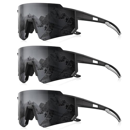 3 Pack Polarized Sunglasses for Men Women, Sports Mens Sunglasses with UV Protection for Baseball Cycling Running - color: B02-black Gray/Black Gray/Black Gray