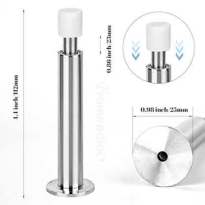 Framendino, 2 Pack Metal Spring Door Stoppers for Wall 4.4 Inch Stops Mounted Doorstop Holder with Rubber Tips Silver