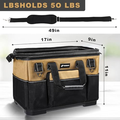 17 IN Large Tool Bag For Men Heavy Duty, Drill Bag Tool Bag Organizer, Wide Mouth Waterproof Hard Bottom Multiple Pockets Tool Tote, Tool Caddy, Maintenance - size: 17 Inch