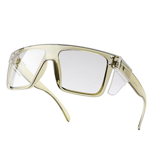 ANSI Z87 Safety Glasses, Photochromic UV400 Blue Light Blocking, Impact Resistant Work Glasses for Construction - color: Clear Green