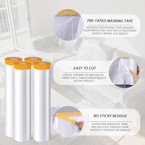 4 Rolls 8.9 x 65.6 Feet Pre-Taped Masking Film, Tape and Drape Drop Cloth, Plastic Sheeting Drop Cloth for Painting, Automotive Covering and Appliance Protection (8.9 x 65.6 Feet) - size: 8.9 x 65.6 Feet