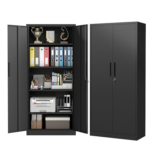 Metal Storage Cabinet with 2 Doors and 4 Adjustable Shelves, 72" Garage Storage Cabinet with Lock, Tall Garage Cabinets for Office, Home, Garage, Gym, School - size: 72.05"H x 17.72"D x 35.43"W