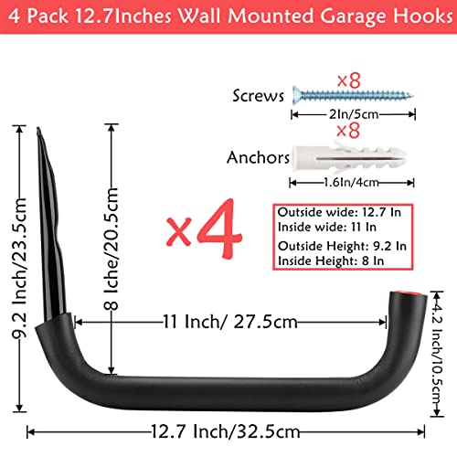 12.7 Inch Heavy Duty Large Tool Hanger, 4 Pack Wall Mounted Garage Storage Hooks, Indoor Black + Red 12.7Inches x 9.2Inches