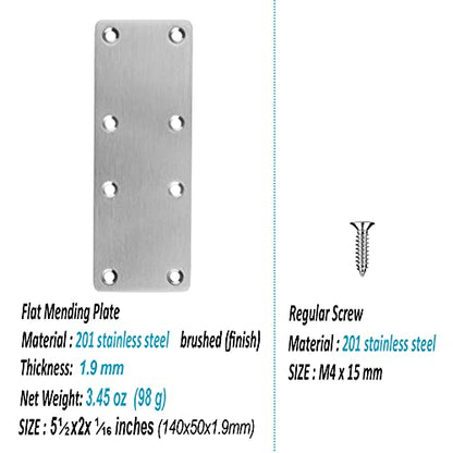 10 Pack 5-1/2" x 2" Flat Mending Plate, 201 Stainless Steel Straight Bracket with Hole, Metal Repair Connector, 1.9 mm Thick