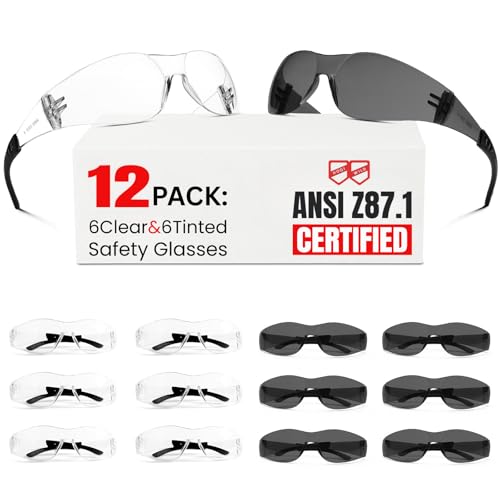 ANSI Z87.1 Safety Glasses Men Women 12 pack(6pack clear safety glasses+6pack safety sunglasses) Scratch & Impact Resistant eye protection glasses for Construction, Outdoor Sports & Work - color: 6pcs-gray+6pcs-clear