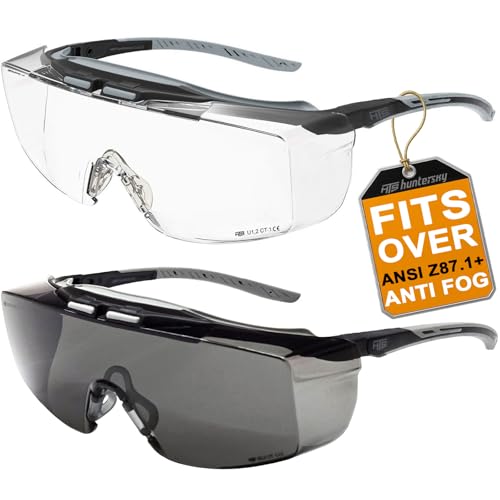 HTS HUNTERSKY ANSI Z87.1+ Anti Fog Lab Safety Glasses Fit Over Eyeglasses Up to 1.88 inch 100% UV Protective OTG Goggles - color: 3906c Black-gray / Clear & Smoke Lens
