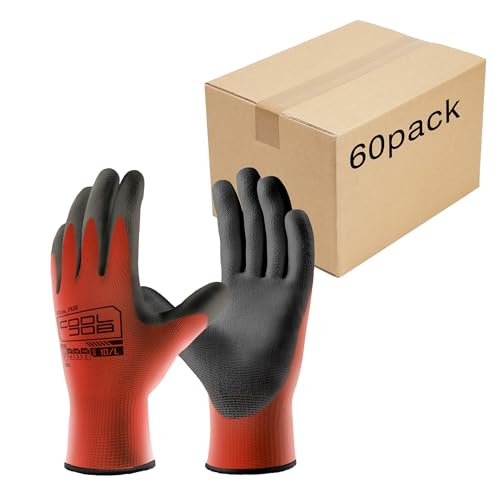 COOLJOB 60 Pairs Safety Work Gloves Pack Bulk with Grip PU Coating, 13 Gauge Seamless Knit Gloves with Polyurethane Dipped for Warehouse Working, Breathable Lightweight for Men Women, Red Small - color: Red, size: Small (Pack of 60)