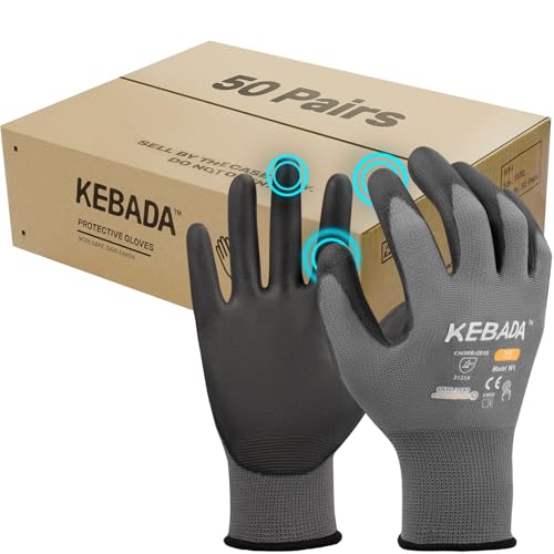 Kebada W1 Work Gloves for Men and Women, Touchscreen PU Coated Gloves with Grip, 50 Pairs Bulk Pack, Ideal for Warehouse Package Handling, Construction, Gardening, Gray X-Small - color: 50-pairs Gray, size: X-Small
