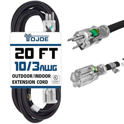 YOJOE Indoor Outdoor Extension Cord with Lighted End, 3 Prong 15A Weatherproof Power Cord, 10 Gauge Heavy Duty 20 ft Black Extension Cord for Garage, Garden and Home, 10/3 SJTW UL Listed - color: Black, size: 20 Foot