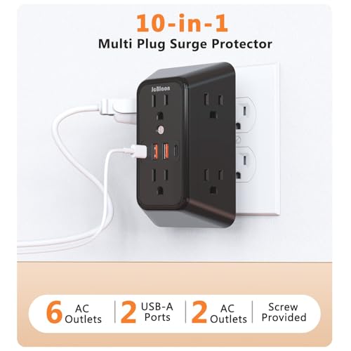 Surge Protector Outlet Extender, 6 Outlet Extender with 4 USB Charging Ports (2 USB C), 3 Sided Multi Plug Wall Adapter for Home, Office, Travel-2 Pack,Black - color: Black-6 Outlets-2 Pack
