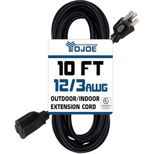 YOJOE Indoor Outdoor Extension Cord, 3 Prong 15A Weatherproof Power Cord, 12 Gauge Heavy Duty 10 ft Black Extension Cord for Garage, Garden and Home, 12/3 SJTW UL Listed - color: Black, size: 10 Foot, style: 12/3 Standard