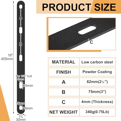 Frienda 10 Pcs 16" Black Mending Plate Heavy Duty Metal Straight Bracket Flat Straight Braces Repair Flat Slotted Plate Steel Joining Fixing Brackets Connector for Wood Furniture Tables Bookshelves