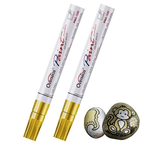 Overseas Permanent Paint Pens Gold Markers - 2 Pack Metallic Oil Based Paint Markers, Medium Tip, Quick Drying and Waterproof Marker Pen for Metal, Rock Painting, Wood, Plastic, Canvas, Mugs - color: Gold