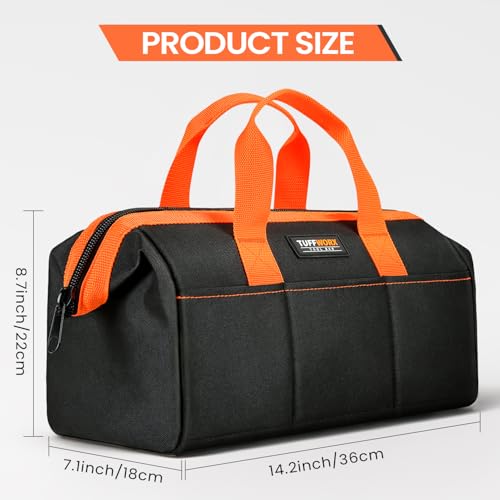 Tool Bag, Large Tool Organizer Bag with 18 Pockets,15.7x 11.4x 9.8 inch, Heavy Duty 600D Fabric, Black and Orange - size: 14.2inch