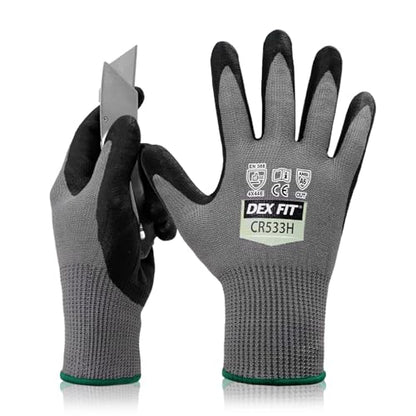 DEX FIT Level A6 Fiberglass Free Cut Resistant Gloves CR533H, 3D Comfort Fit, No Itch, Firm Grip, Soft & Durable, Touch-screen Compatible, Dexterity, Machine Washable; Gray L (9) 1 Pair