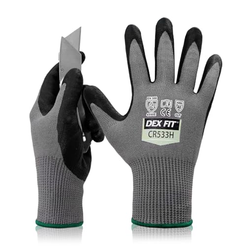 DEX FIT Level A6 Fiberglass Free Cut Resistant Gloves CR533H, 3D Comfort Fit, No Itch, Firm Grip, Soft & Durable, Touch-screen Compatible, Dexterity, Machine Washable; Gray L (9) 1 Pair