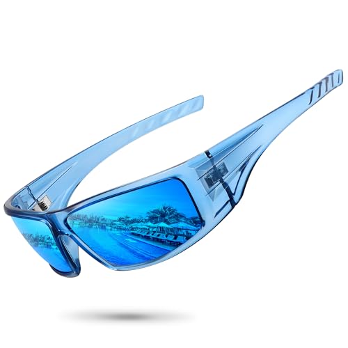 Polarized Sports Sunglasses for Men Women Unbreakable Frame Cycling Fishing Wrap Around Sunglasses UV400 Protection - color: 1-clear Blue Frame/Blue Mirror Lens