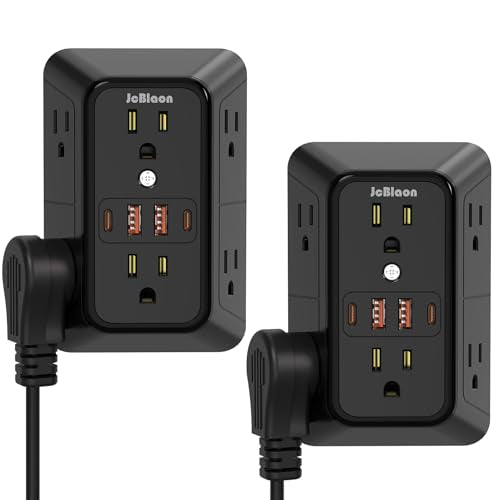 Surge Protector Outlet Extender, 6 Outlet Extender with 4 USB Charging Ports (2 USB C), 3 Sided Multi Plug Wall Adapter for Home, Office, Travel-2 Pack,Black - color: Black-6 Outlets-2 Pack