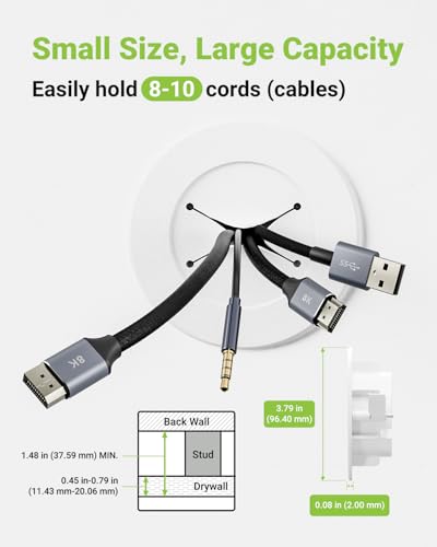 in Wall Cable Management Kit, Slim TV Wire Hider Kit for Wall Mounted TV, 2 Pcs Pass Through with Hole Saw for Network, HDMI, Speaker Cables, Coaxial, White