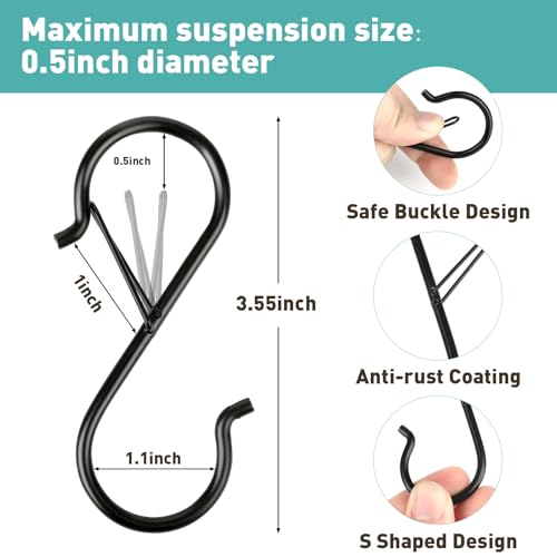 Navona 40 Pcs S Hooks for Hanging Heavy Duty, 3.5-inch Heavy Duty Metal S Hook with Safety Buckle, Suitable for 0.5 inch Rods, S Hook for Hanging Plants, Closet, Kitchen Utensil, Pot, Pan, Bags - size: 40PCS