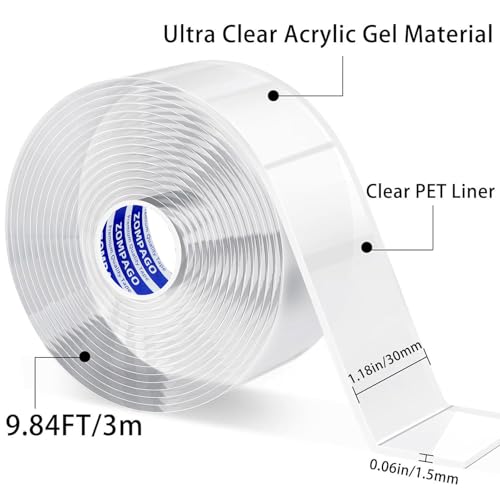 ZOMPAGO Double Sided Tape 1.18in x 9.84FT Clear Heavy Duty Mounting Tape for Walls Picture Hanging Carpet Adhesive Acrylic Strong Removable No Damage - size: 1.18in X 9.84ft