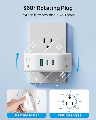 TROND Outlet Extender with 360 Rotating Plug, 2 AC Outlet Splitter with PD 20W USB C, 3-Side Design Wall Plug Adapter, for Bathroom Kitchen Cruise Ship Travel Essentials, White - color: White, size: 2A2C1U & PD20W-3 Prong (Rotating Plug), 1 Pack