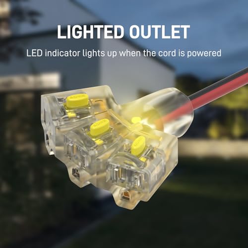25FT Outdoor Extension Cord with Multiple Outlets, 14/3 Gauge Medium Duty, 15A 1875W, 3 Prong with LED Light & Locking Plug, Weather Resistant, ETL Certified for Lawn Mower, Tools, Christmas Lights