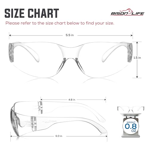 BISON LIFE Clear Safety Glasses – ANSI Z87.1 Scratch & Impact Resistant Wrap Around Eye Protection Goggles for Men & Women - color: Clear/Clear