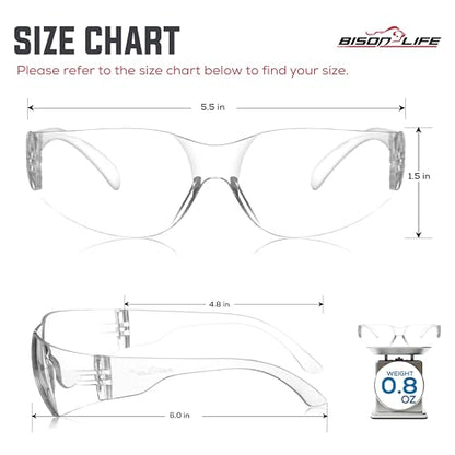 BISON LIFE Clear Safety Glasses – ANSI Z87.1 Scratch & Impact Resistant Wrap Around Eye Protection Goggles for Men & Women - color: Clear/Clear