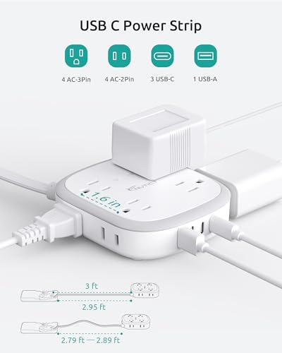 NUTICT Outlet Cover Extension Cord, Flat Plug Power Strip 3ft, 8 Outlets (4-2Pin)& 4 USB Ports (3 USB C), 13A/1625W, 1440J Surge Protector, Wall Mountable, Ideal for Home Improvement, Tight Spaces - size: 3FT (4-2 Prong Outlets)