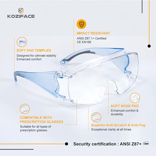 Koziface Safety Glasses for Men and Women White Blue Pink Over Eye Glasses Prescription Anti Fog Clear Lens Side Shields C31 - color: Blue